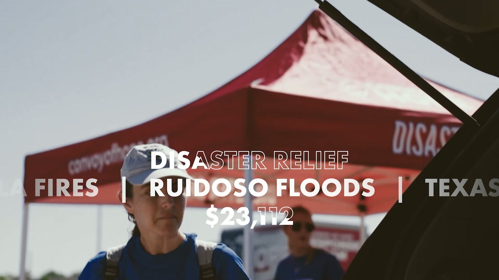 Disaster relief volunteers with animated location names and fundraising totals.