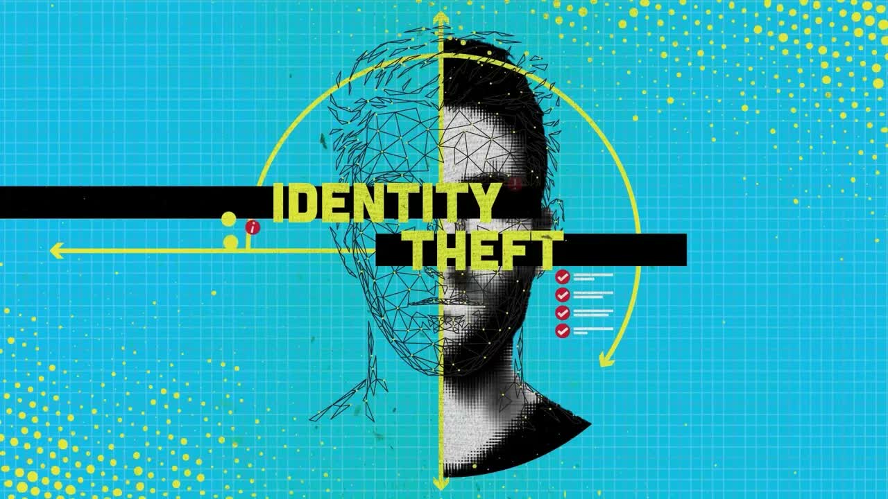 Cyan halftone portrait with black and yellow Identity Theft title graphics.