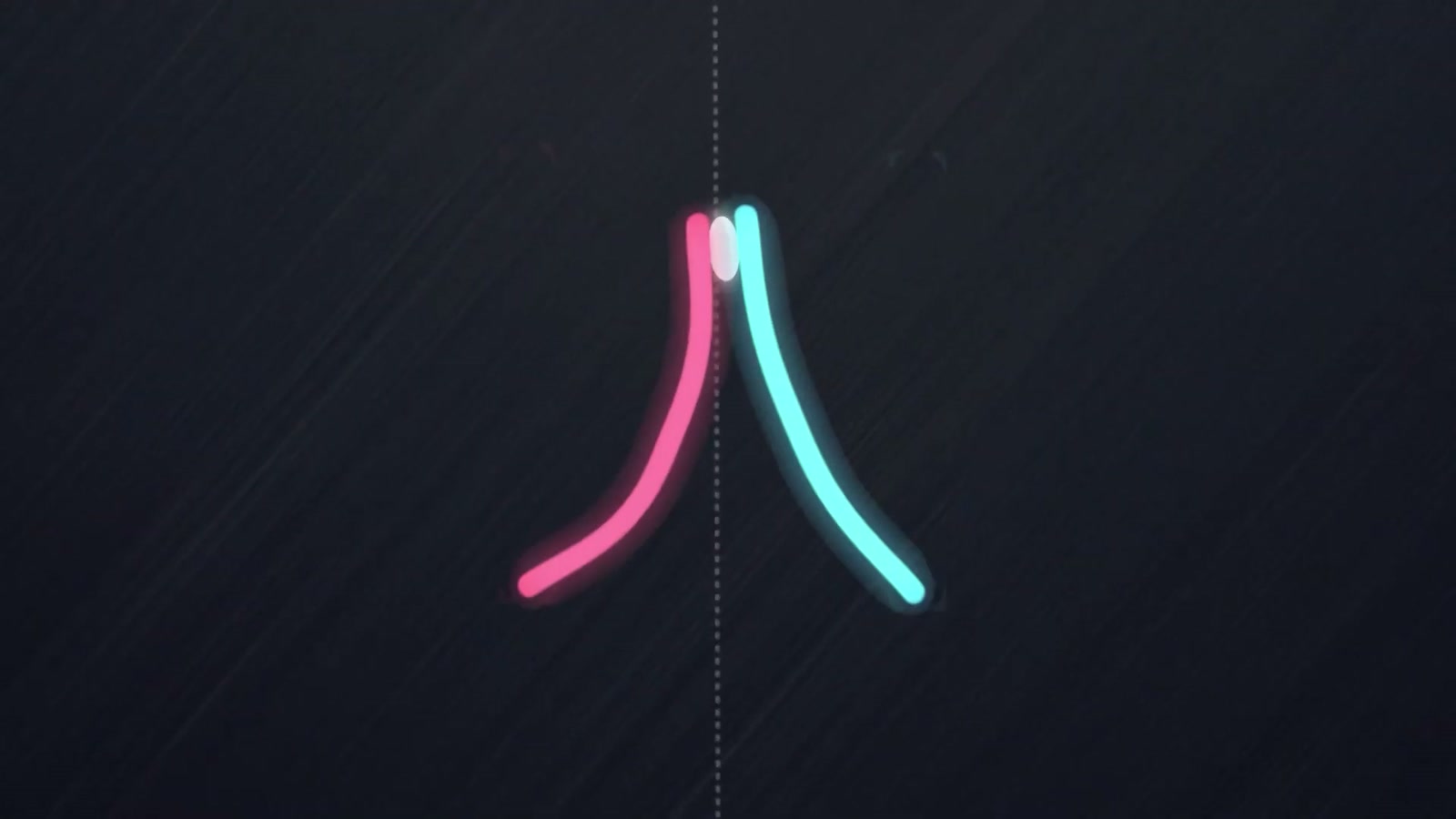 Pink and cyan curved paddles meeting a glowing white ball on a dark court.