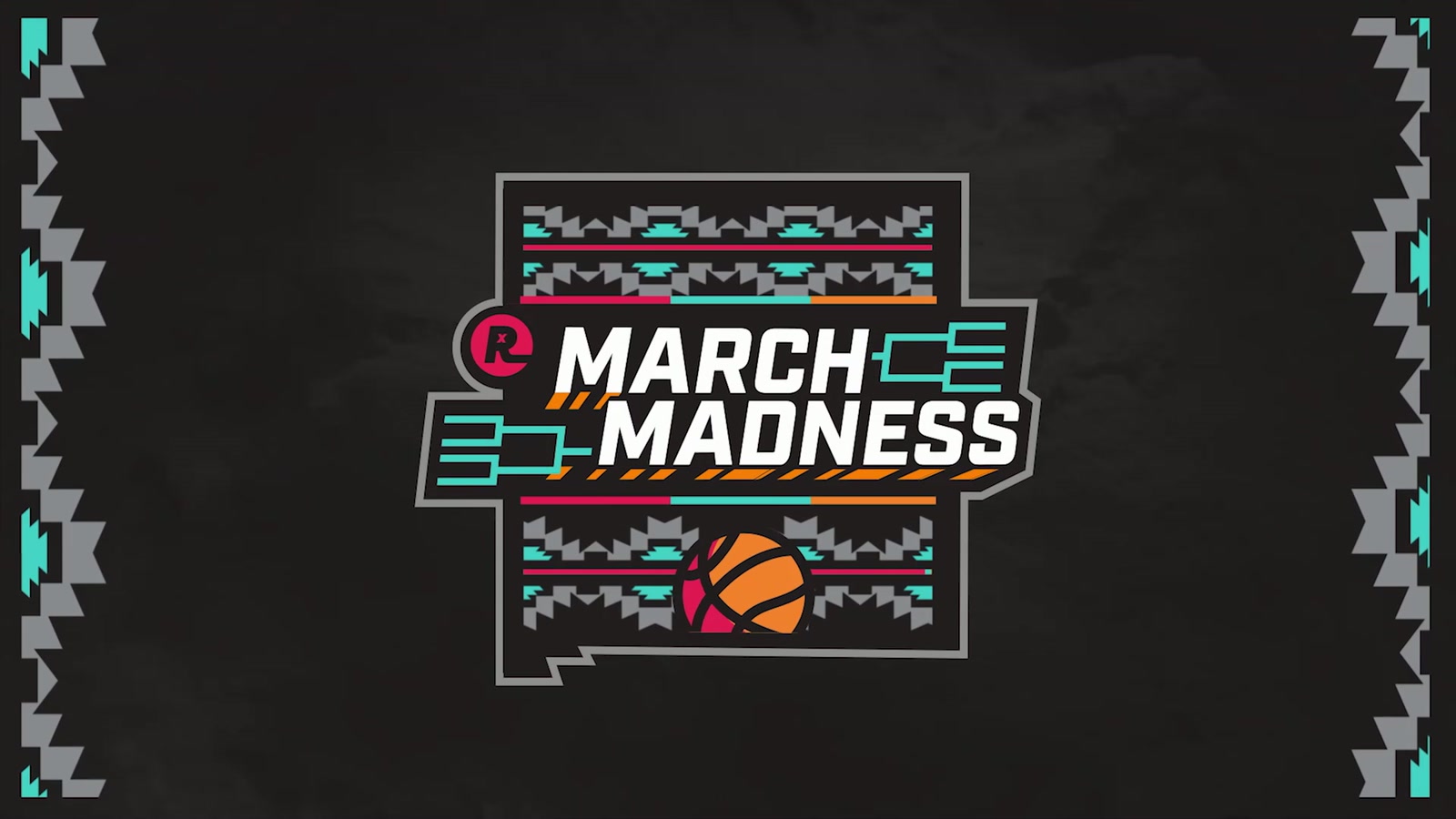 March Madness basketball title card with teal, orange, magenta, and gray geometric details.