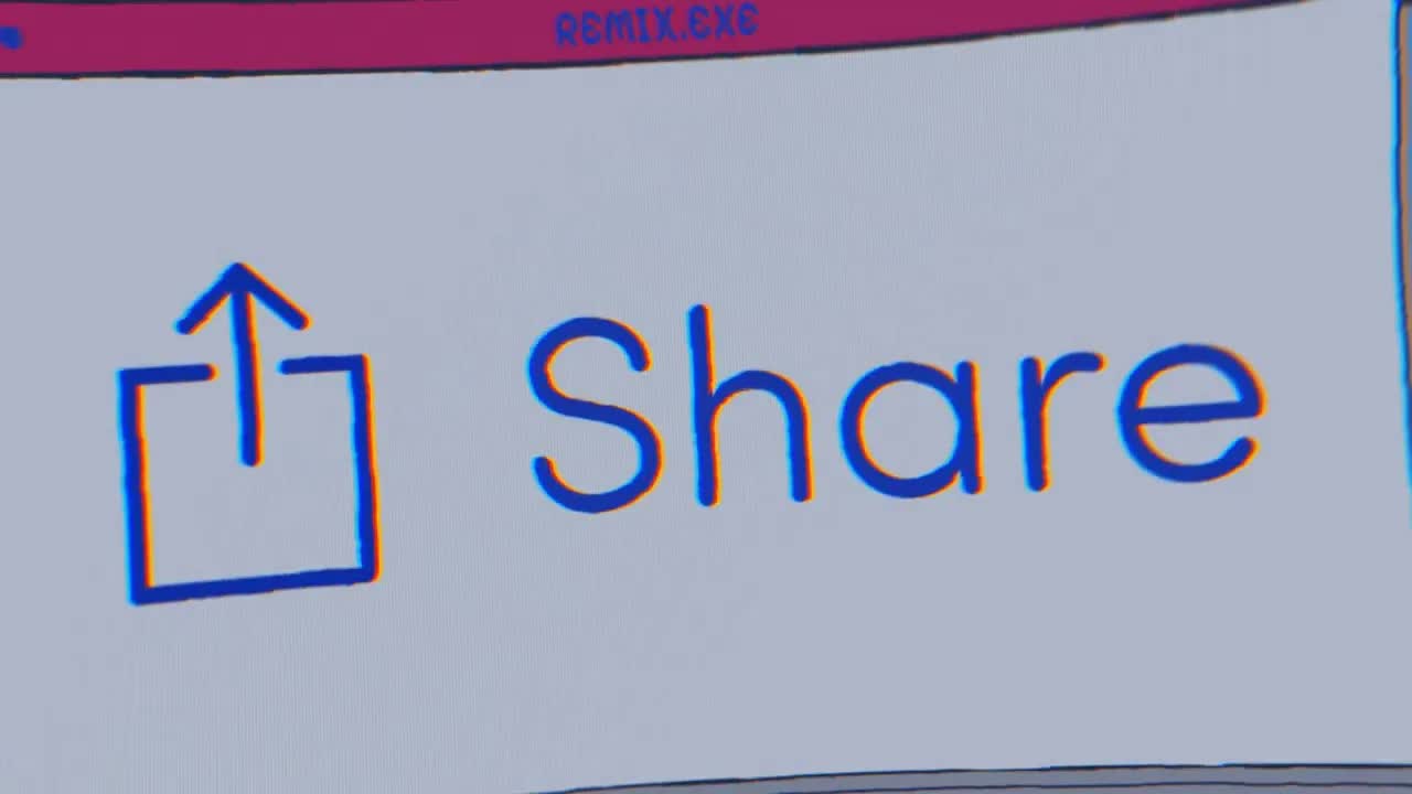 Blue and red graphic frames based on a digital share interface.